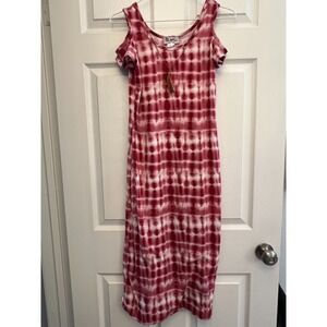 Urban‎ Rose Tie Dye Midi Dress Women's Size 14/16 Red Tassel Cold Shoulder USA